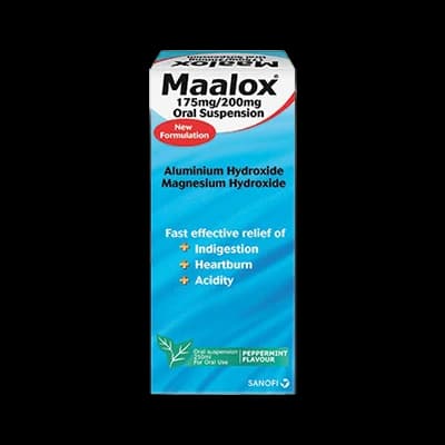 Maalox 175mg/200mg Oral Suspension packaging which is available to order online from NowPatient with next day delivery
