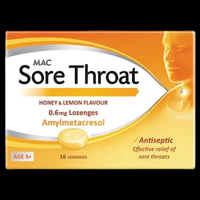 Mac Sore Throat Honey & Lemon Flavour 0.6mg Lozenges packaging which is available to order online from NowPatient with next day delivery