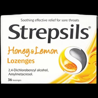 Strepsils Honey & Lemon Lozenges packaging which is available to order online from NowPatient with next day delivery
