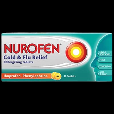 Nurofen Cold & Flu Relief 200mg/5mg Tablets packaging which is available to order online from NowPatient with next day delivery