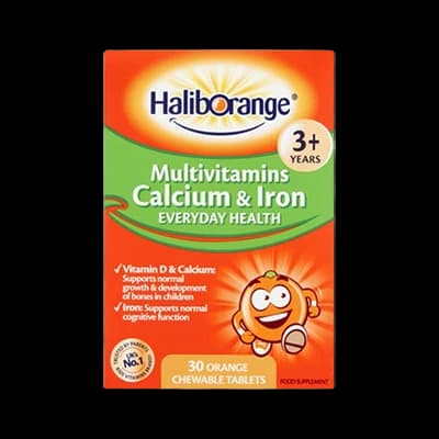Haliborange Multivitamins Calcium & Iron Tablets packaging which is available to order online from NowPatient with next day delivery