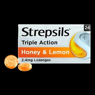 Strepsils Sore Throat Pain Relief Honey & Lemon Lozenges packaging which is available to order online from NowPatient with next day delivery