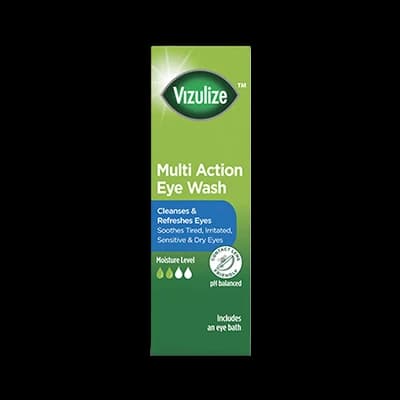 Vizulize Multi Action Eye Wash packaging which is available to order online from NowPatient with next day delivery