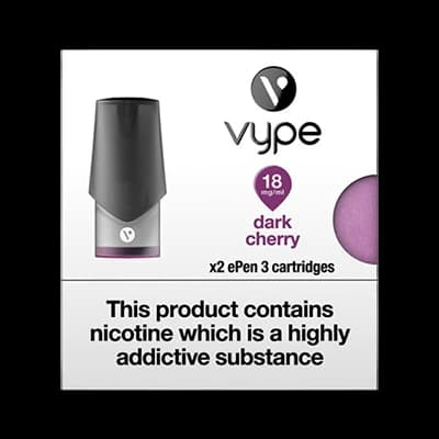 Vype EPen 3 Dark Cherry E-Cig Pods 18mg packaging which is available to order online from NowPatient with next day delivery