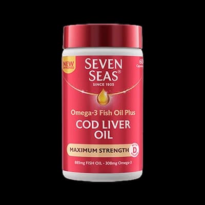 Seven Seas Omega-3 Fish Oil plus Cod Liver Oil Maximum Strength Capsules packaging which is available to order online from NowPatient with next day delivery