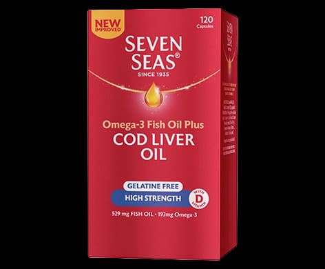 Seven Seas Omega-3 Fish Oil plus Cod Liver Oil Gelatine Free High Strength Capsules