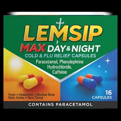 Lemsip Max Day & Night Cold & Flu Relief Capsules packaging which is available to order online from NowPatient with next day delivery