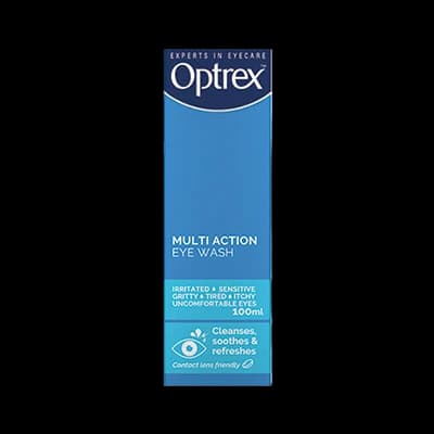 Optrex Multi Action Eye Wash 100ml packaging which is available to order online from NowPatient with next day delivery