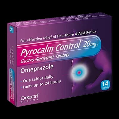 Pyrocalm Control 20mg Gastro-Resistant Tablets packaging which is available to order online from NowPatient with next day delivery