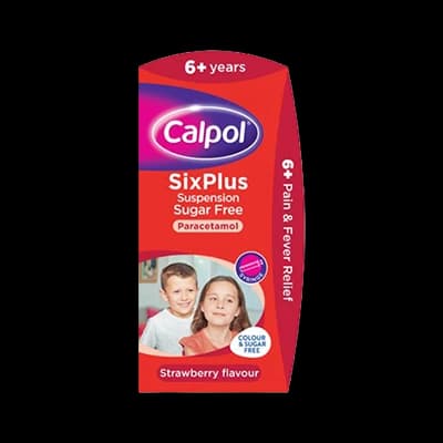 Calpol Six Plus Suspension Sugar-Free packaging which is available to order online from NowPatient with next day delivery
