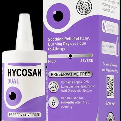 Hycosan Dual Eye Drops packaging which is available to order online from NowPatient with next day delivery