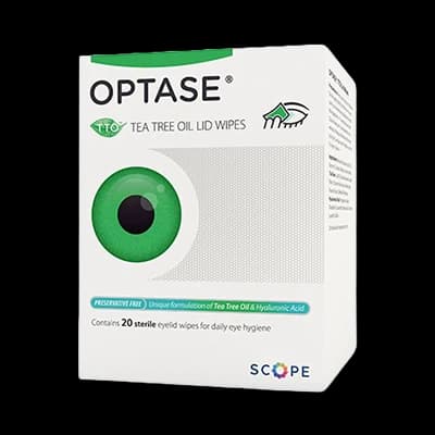 Optase Tea Tree Oil Lid Wipes packaging which is available to order online from NowPatient with next day delivery