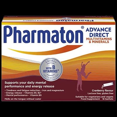 Pharmaton Advance Direct Multivitamins and Minerals – Cranberry Flavour packaging which is available to order online from NowPatient with next day delivery