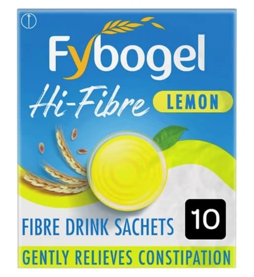 Fybogel Hi-Fibre Lemon packaging which is available to order online from NowPatient with next day delivery