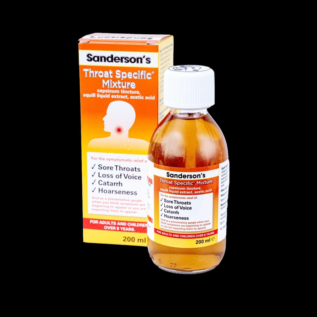 Sanderson’s Throat Specific Mixture packaging which is available to order online from NowPatient with next day delivery