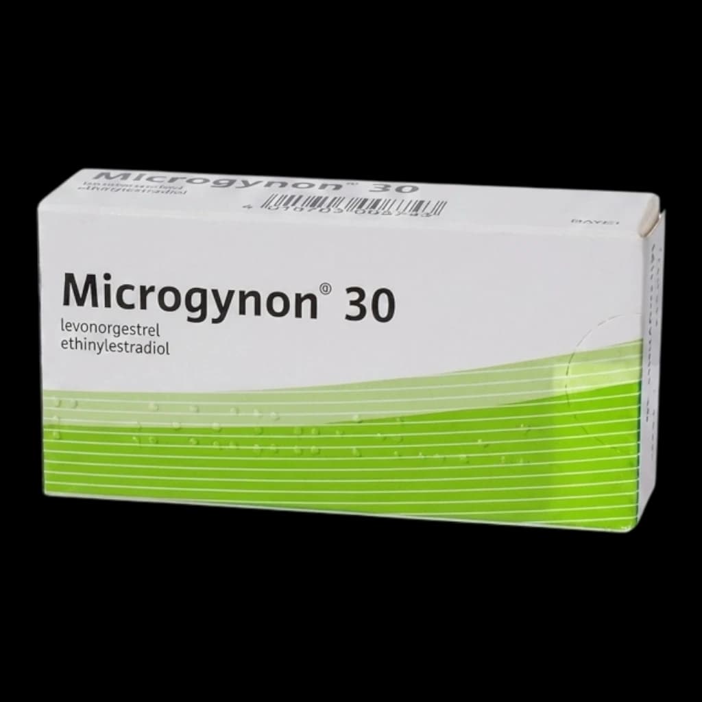 A box of Microgynon 30 contraceptives on a white background.
