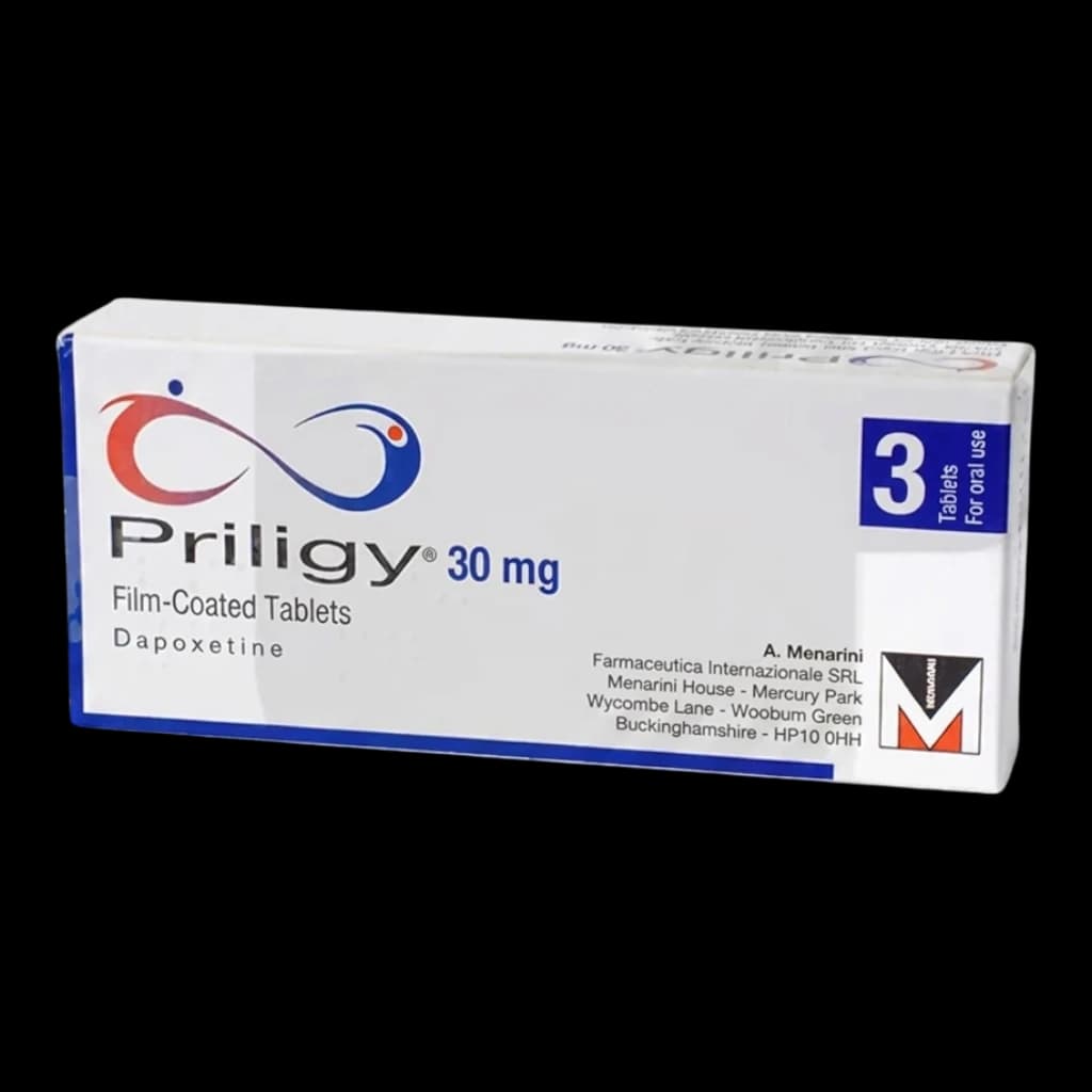 Priligy 30mg tablet on a white background.
