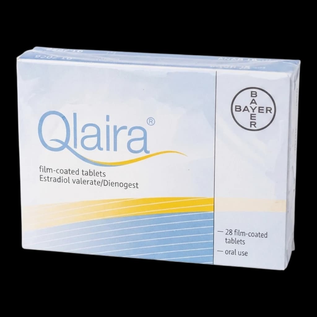A box of Qlaira on a white background.