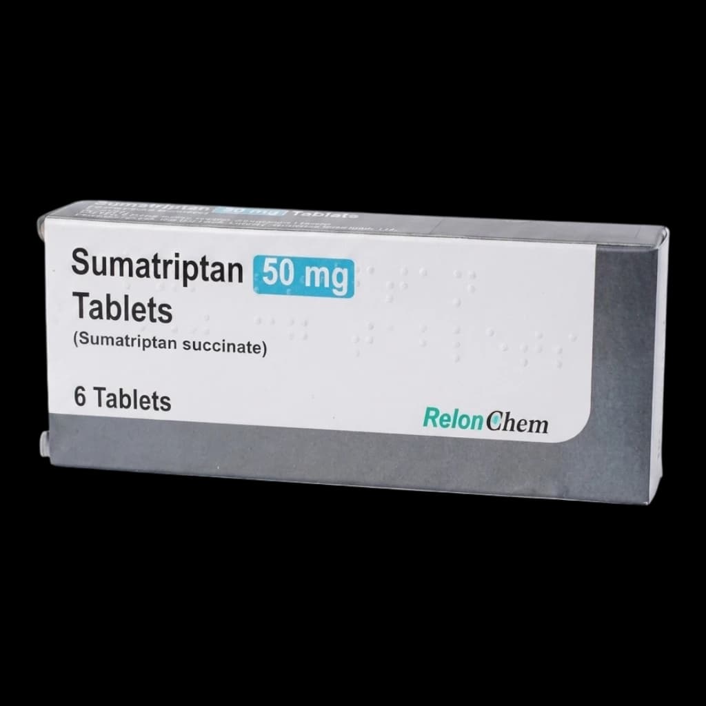 A box of sumatriptan tablets on a white background.