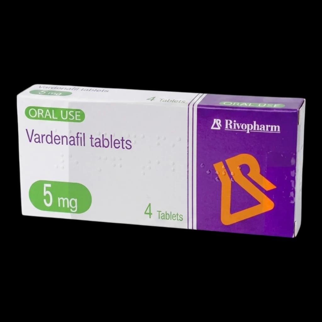 A box of Vardenafil tablets on a white background.