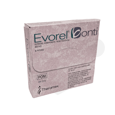 Evorel Conti packaging which is available to order online from NowPatient with free next day delivery