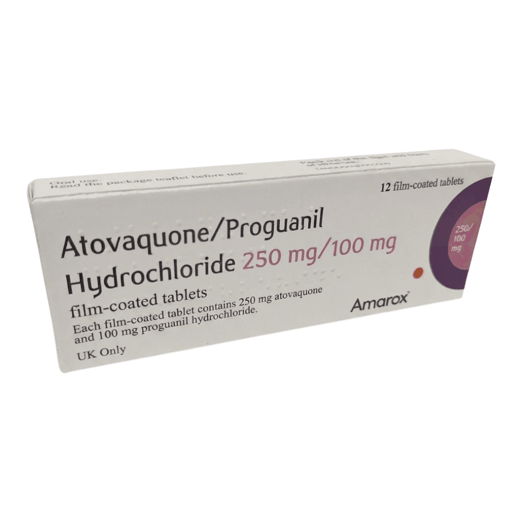 Atovaquone/Proguanil packaging which is available to order online from NowPatient with free next day delivery