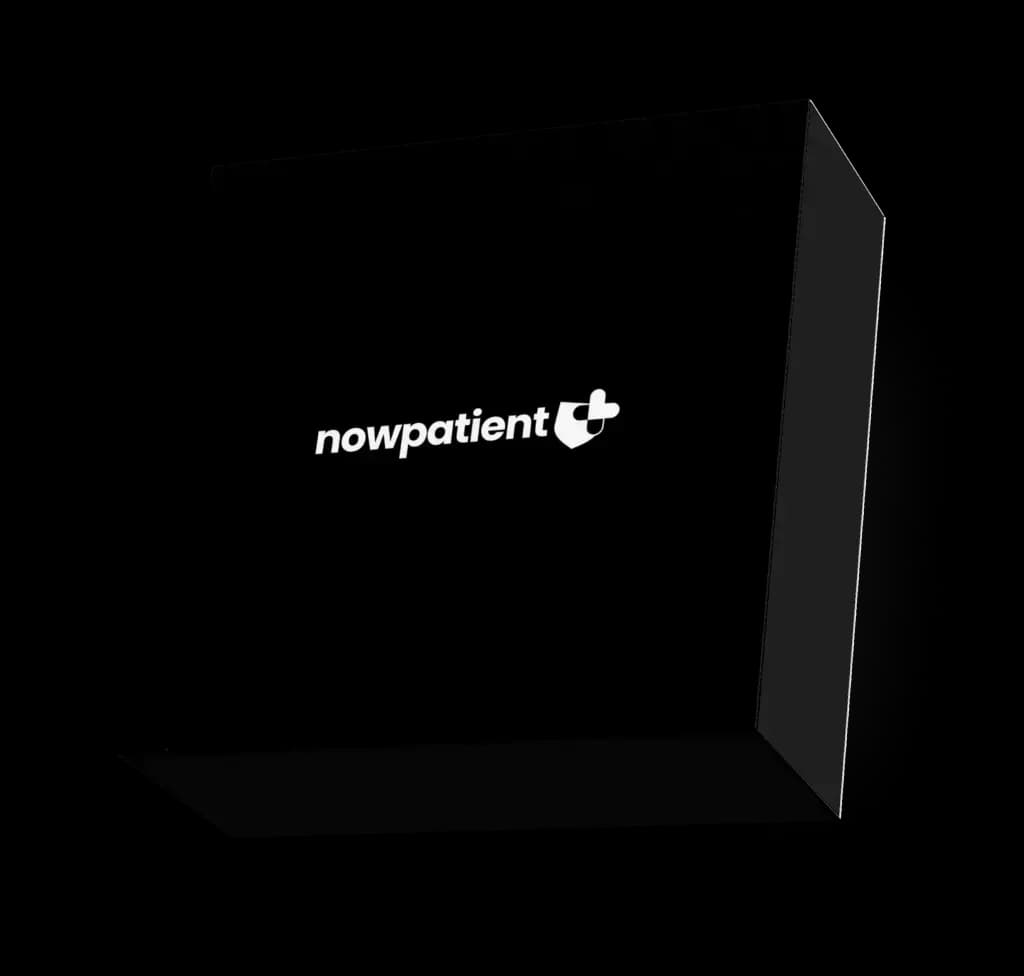 A branded black NowPatient delivery box on a mint green background, representing discreet private prescription delivery