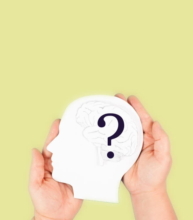 An illustrated head showing a question mark on the brain on a yellow-green background, representing the patient engagement score feature