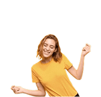 A joyful women in a yellow t shirt dancing on a yellow-green background, representing additional healthcare tools and information