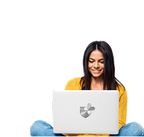 A women looking at her laptop happily on an orange background, representing personalized learning
