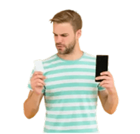 A confused gentlemen reading a medication bottle on an orange background, representing the drug side effect reporting tool