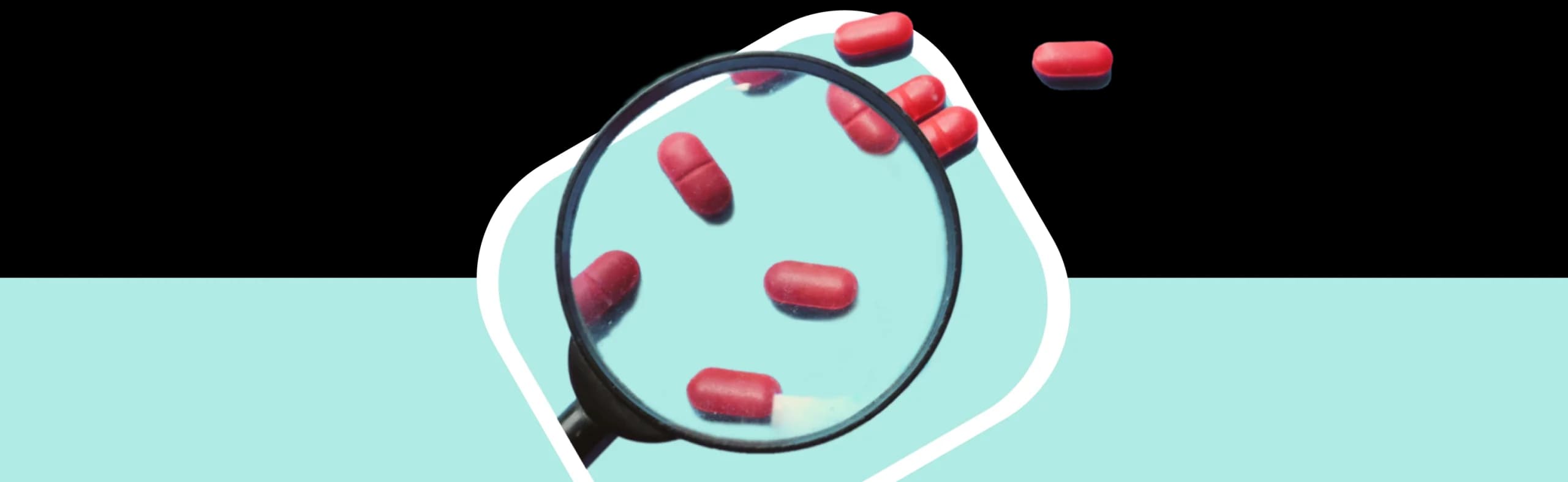 A magnifying glass over some pills representing NowPatient's New Medicines Service
