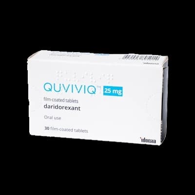 A box of Quviviq tablets on a white background.
