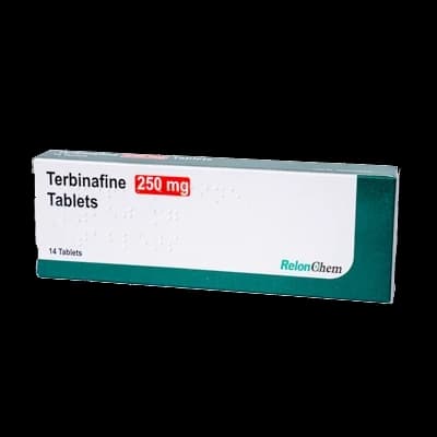 A box of Terbinafine tablets on a white background.