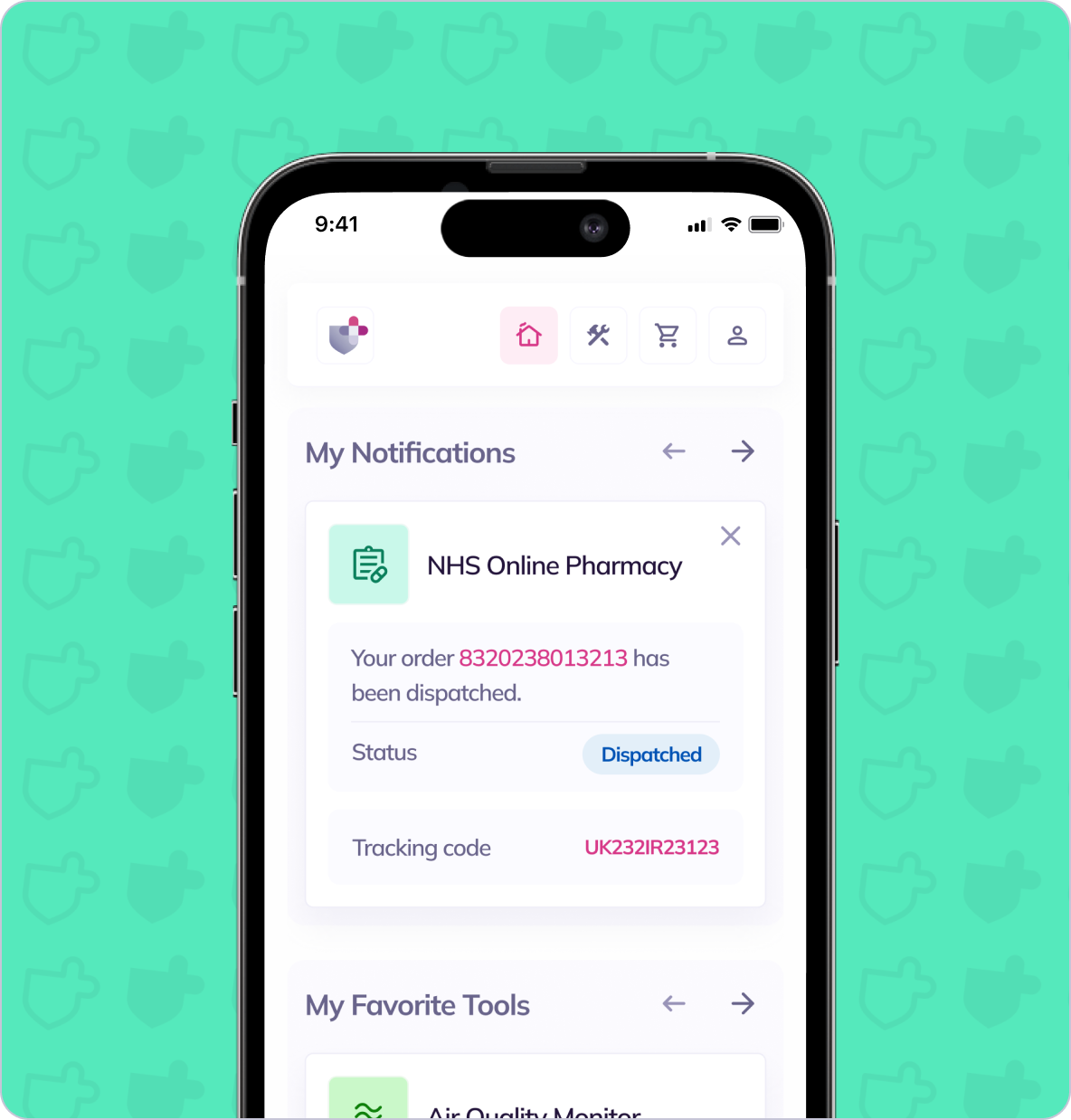 A screenshot of a phone displaying the convenient services of the NHS Online Pharmacy.