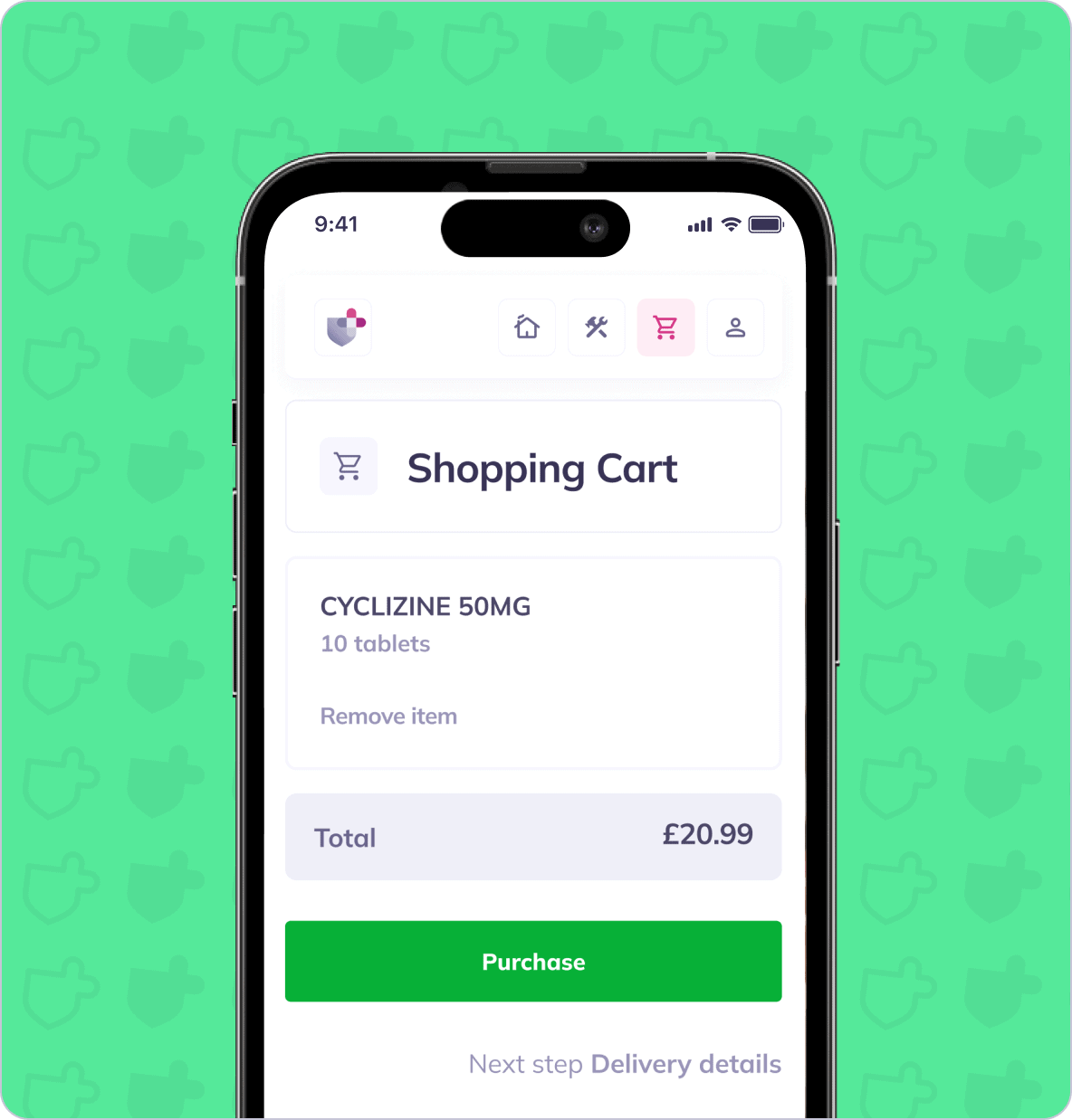 A smartphone screen displaying a shopping cart with Cyclizine 50mg (10 tablets) for £20.99. At the bottom, there is a green "Purchase" button and text indicating the next step is delivery details, highlighting seamless buying for your Private Treatment Plans.