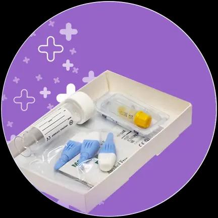 A home testing kit on a purple background