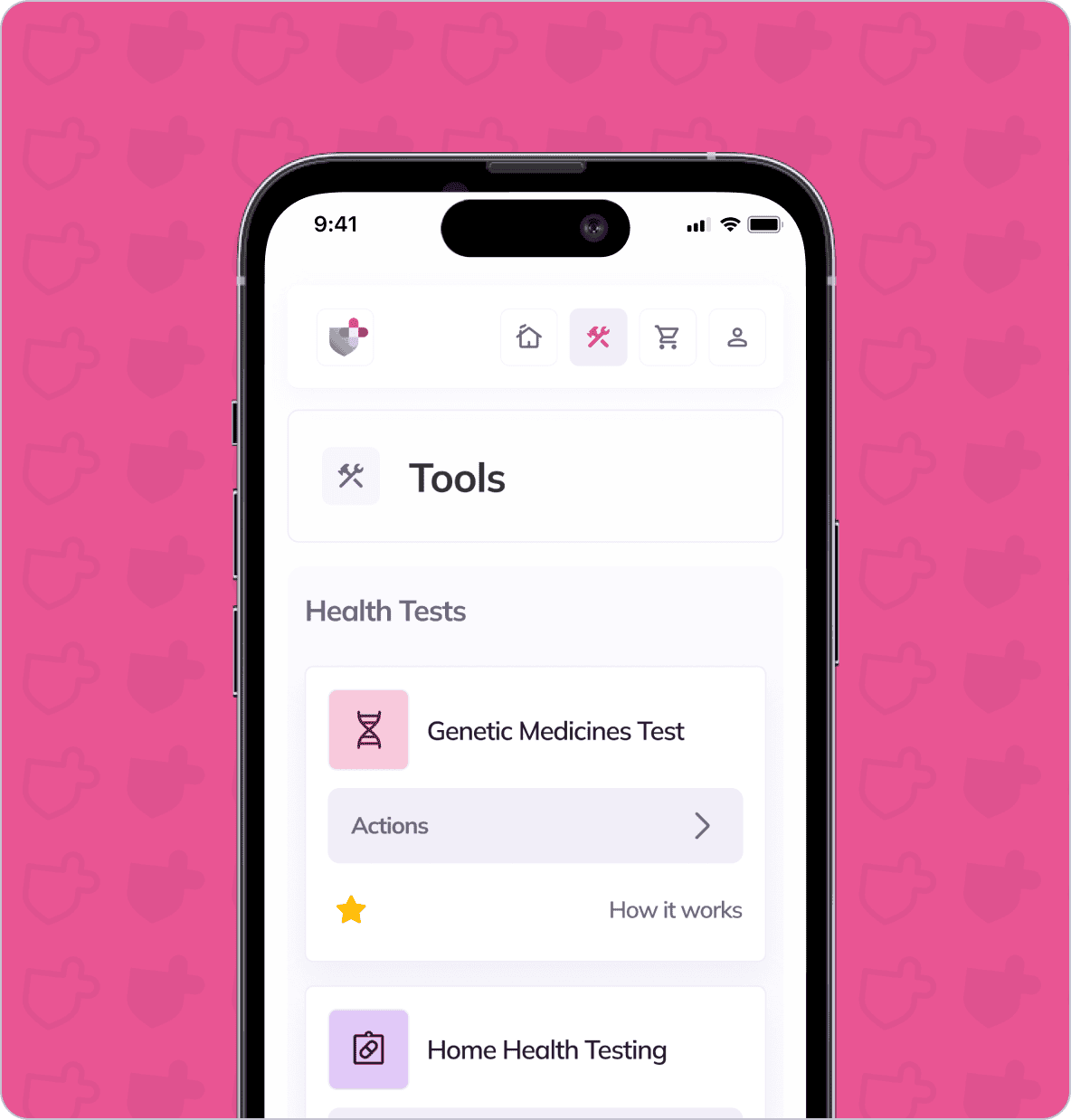 A smartphone screen displaying a health app's "Tools" section with options for genetic medicines test and home health testing. The background is pink with a shield pattern.