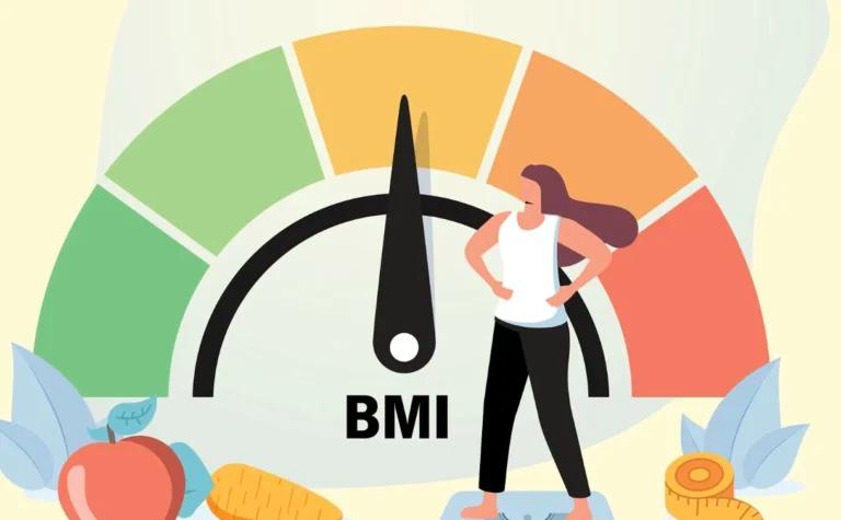 A woman standing in front of a BMI scale, reflecting on the dangers and obsession around BMI.