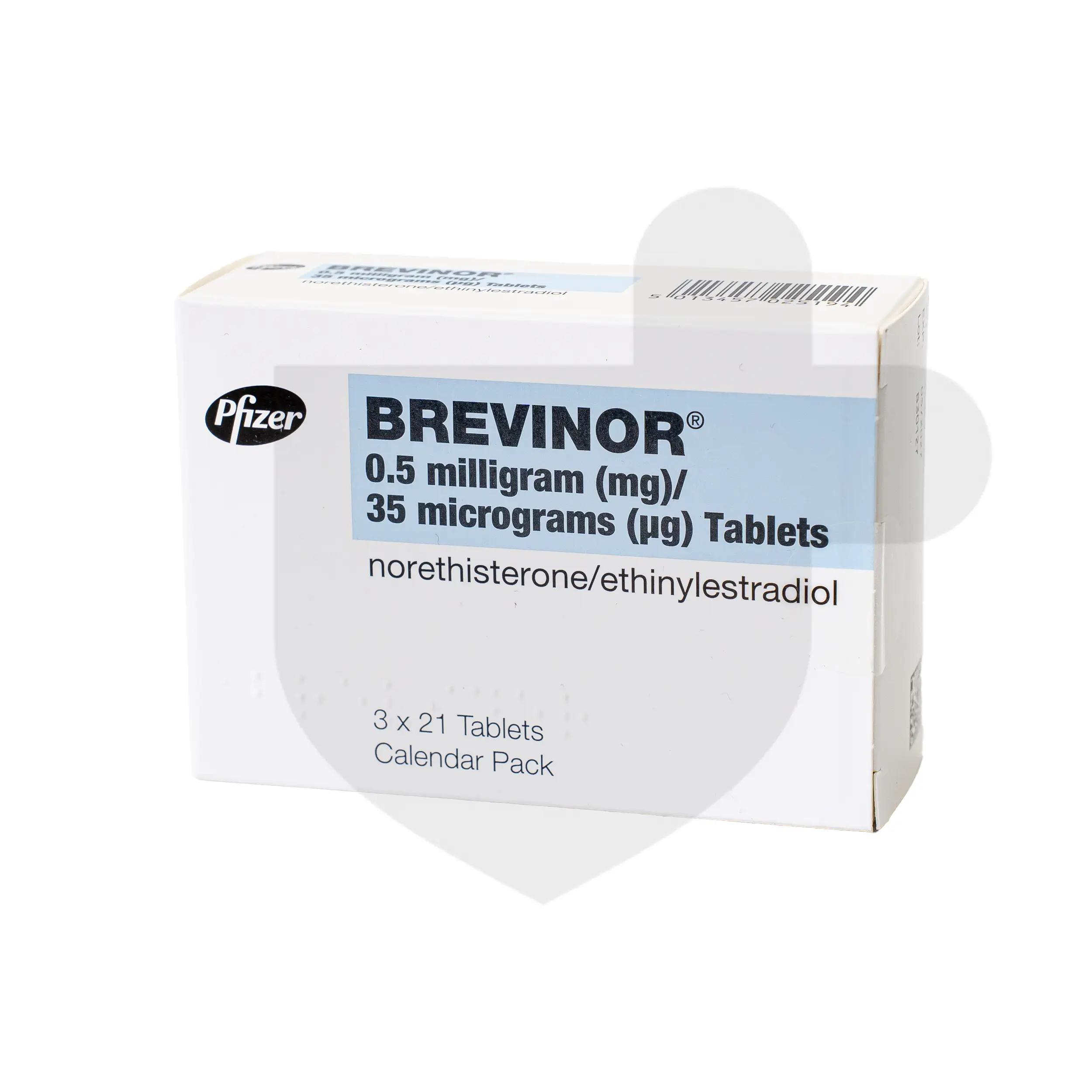 A box of Brevinor tablets on a white background.