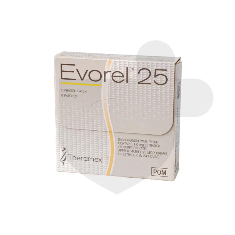 Evorel 25 tablets on a white background.