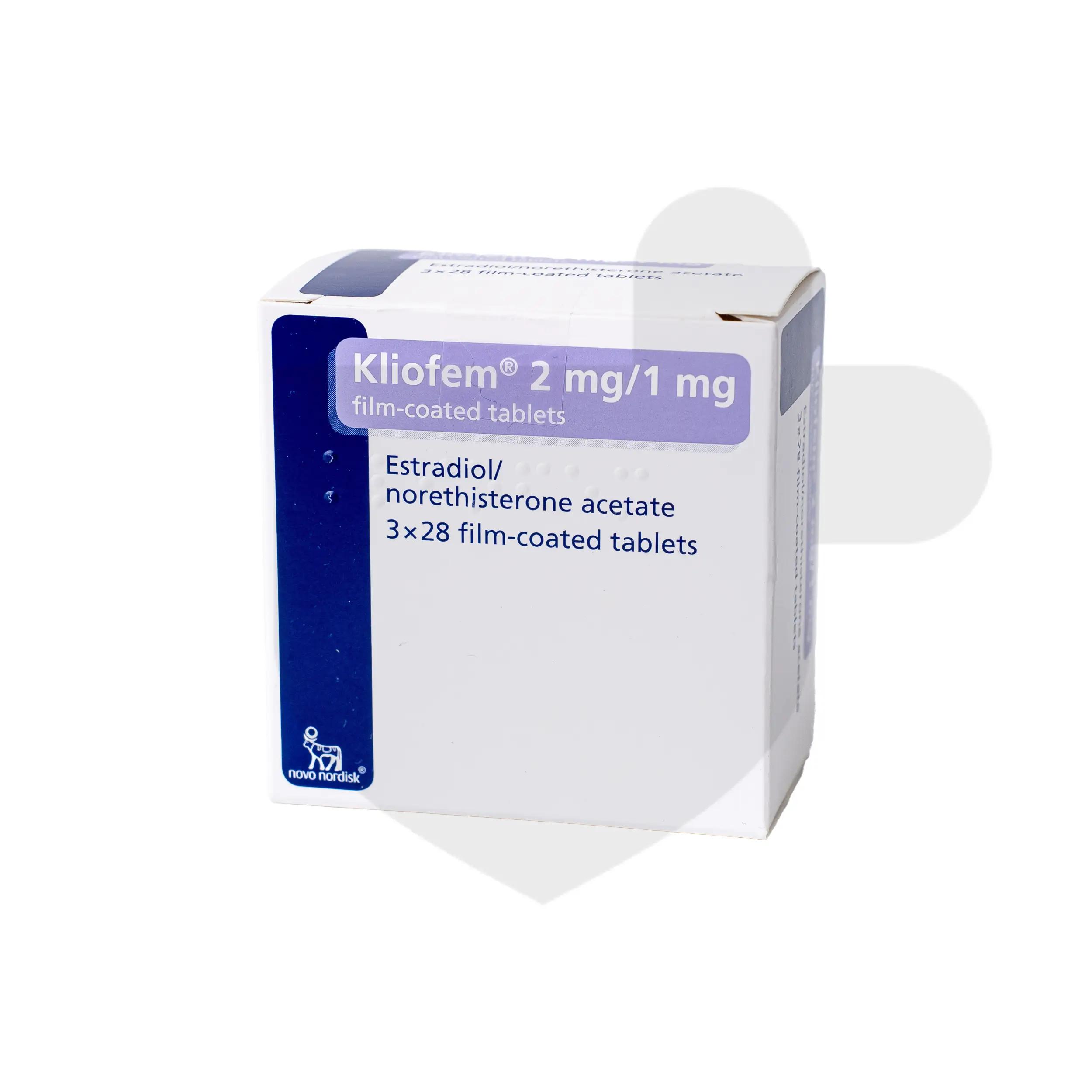 A box of Kliofem tablets on a white background.