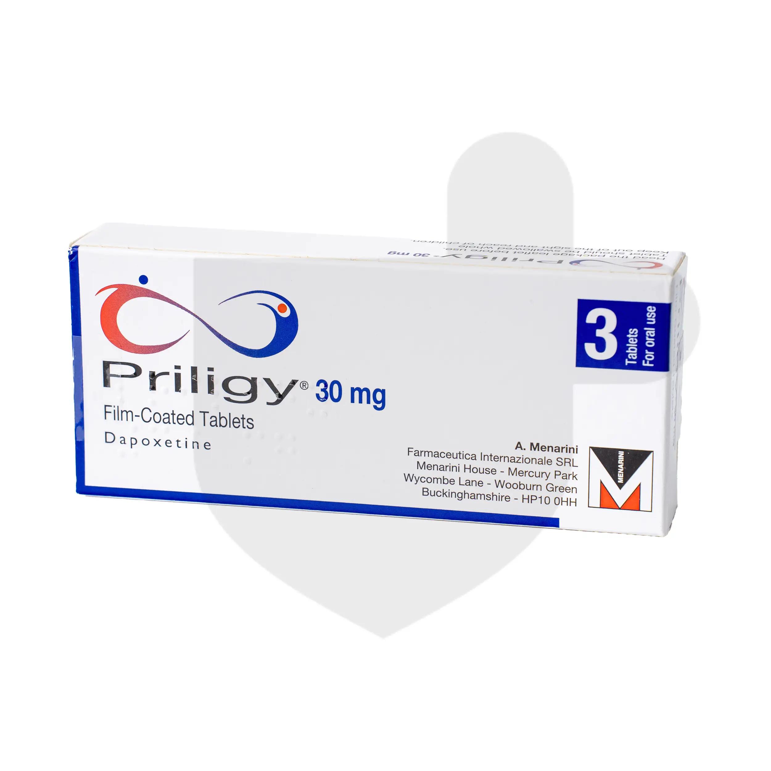Priligy 30mg tablet on a white background.