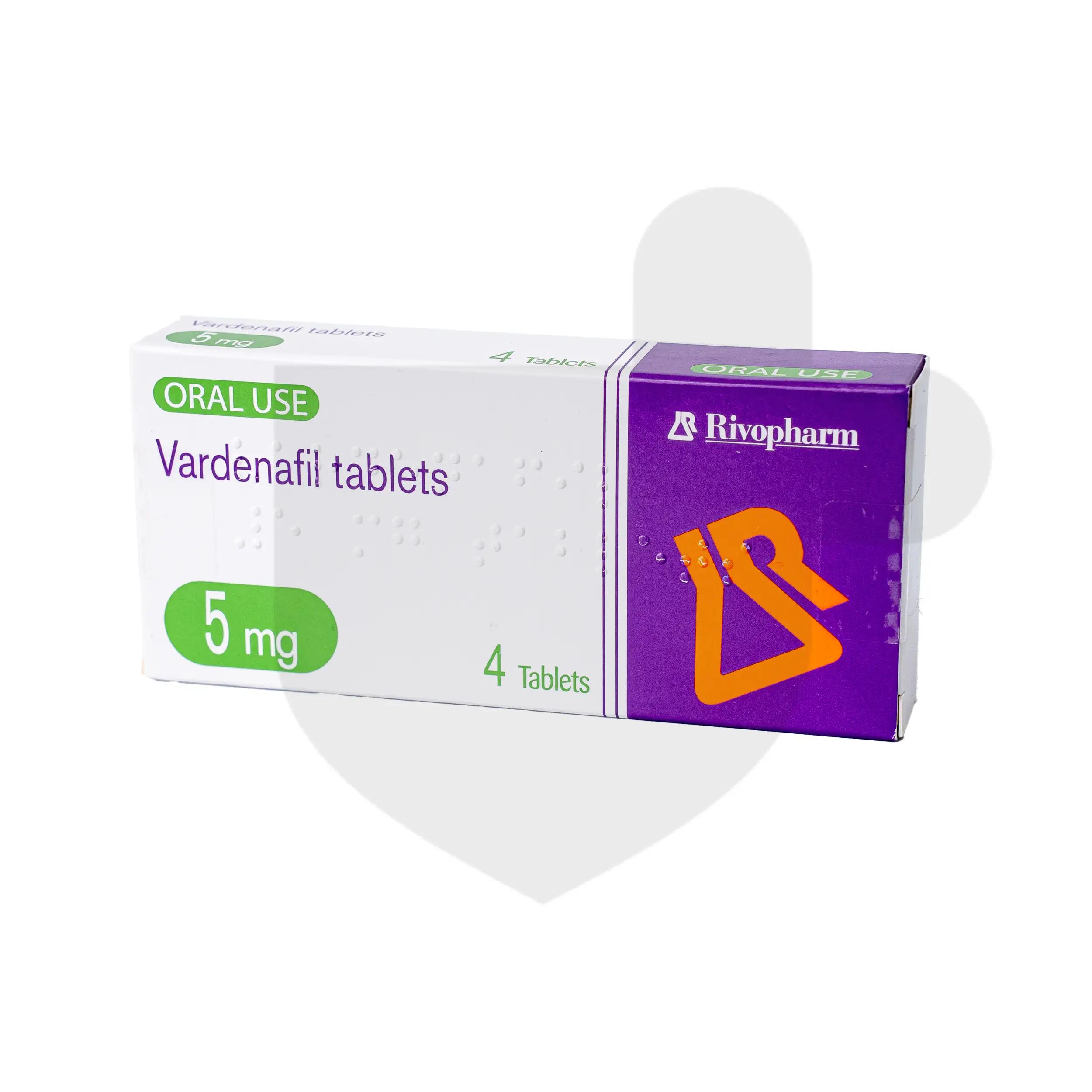 A box of Vardenafil tablets on a white background.
