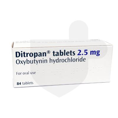 A box of Ditropan (oxybutynin hydrochloride 2.5 mg) containing 84 tablets for oral use, prescribed for overactive bladder.