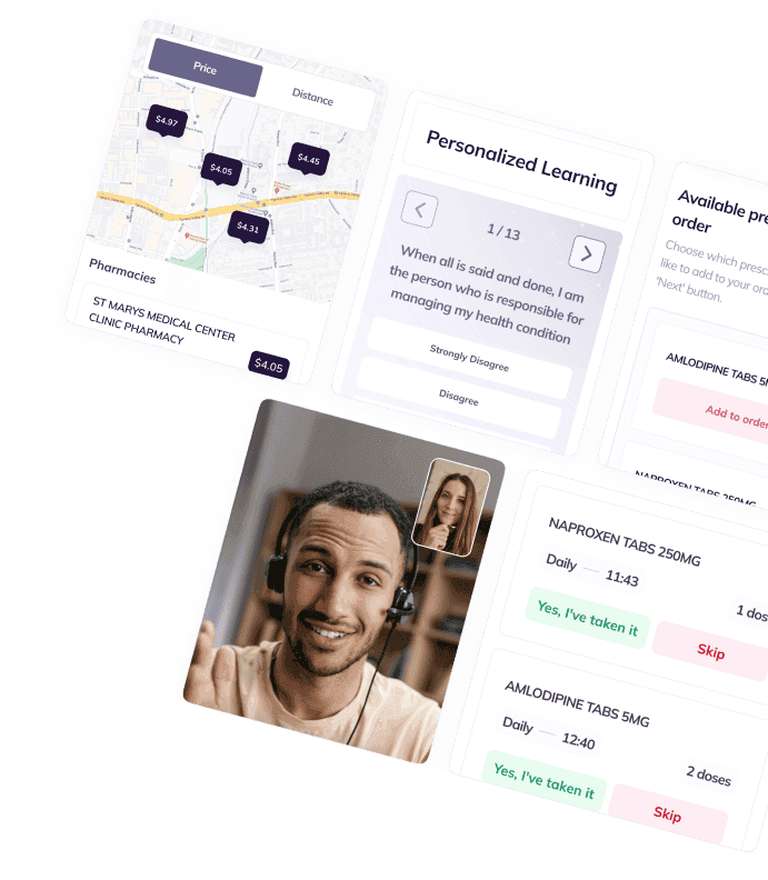 A collage showing a map with pharmacies, a questionnaire, medication details, and a person video chatting on a screen.