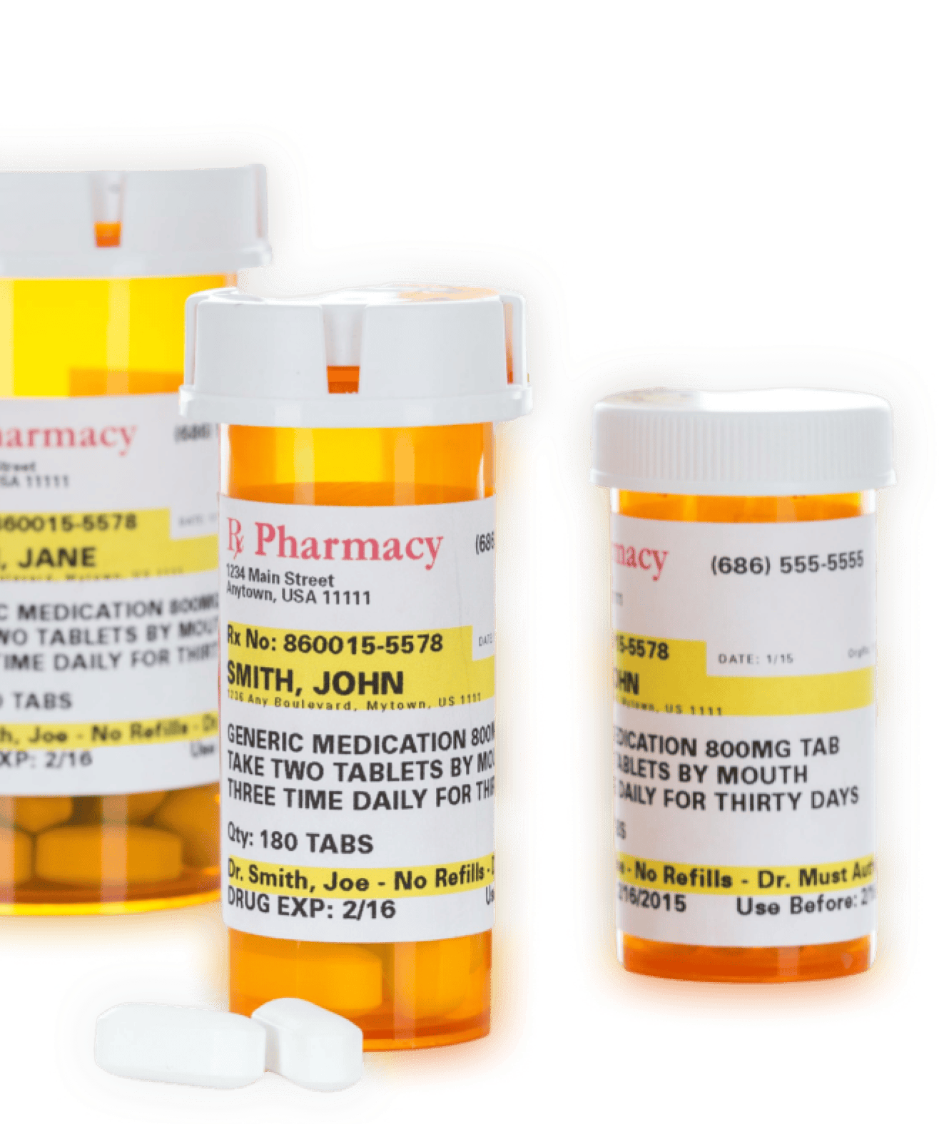 Three prescription pill bottles labeled with names, phone number, and dosage instructions. The front bottle is addressed to "Smith, John" for 800mg generic medication. Two bottles in the background have different names.