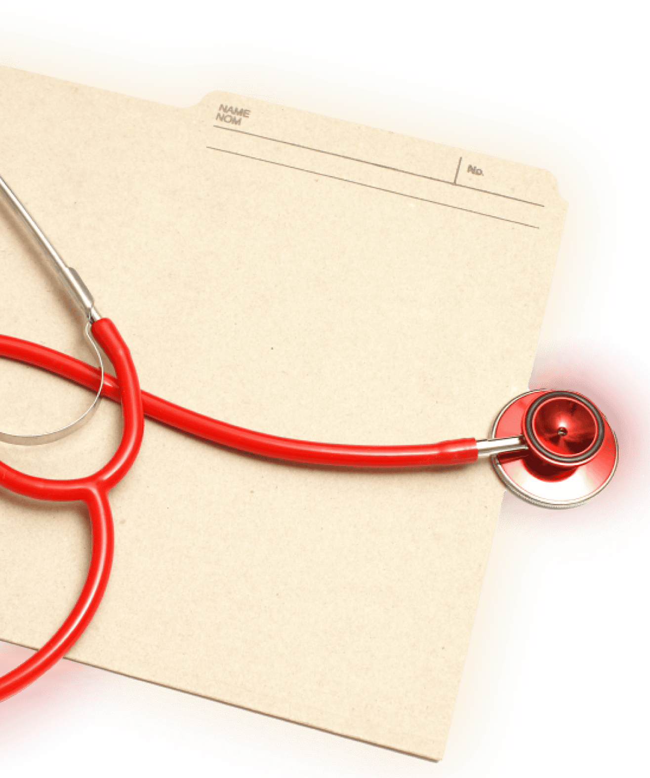 A red stethoscope rests on a blank medical folder, which has sections labeled "Name" and "No." at the top.