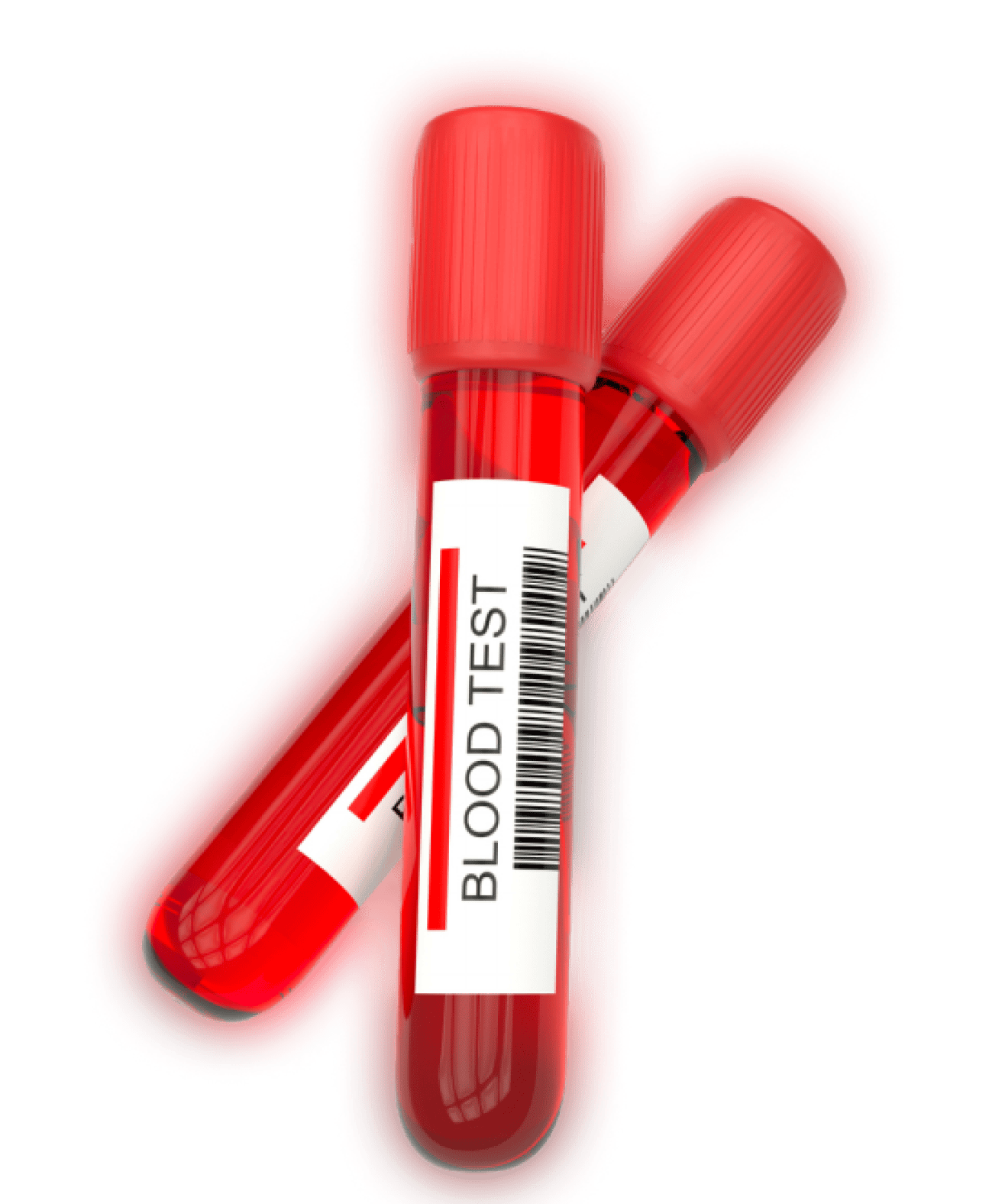 Two red-capped blood test tubes labeled "Blood Test," filled with red liquid, are crossed and highlighted in a soft red glow.
