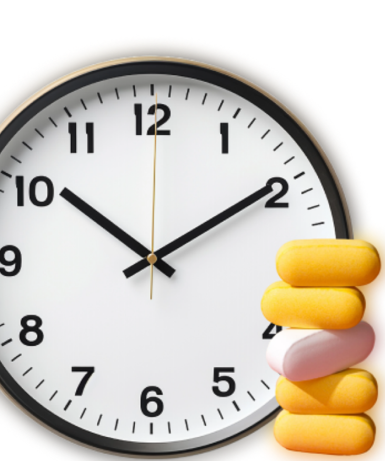 A round wall clock shows the time as 2:11. A yellow gloved hand is partially visible, holding the clock on the right side.